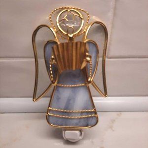 STAINED GLASS PURPLE ANGEL HOLDING ACCORDIAN NIGHT LIGHT